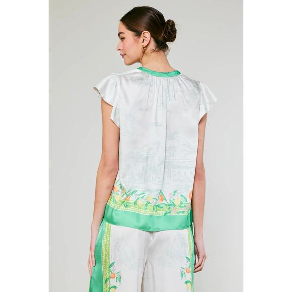 Current Air Tuscan Satin Lemon Print Top Green Sz Small - Picture 7 of 7